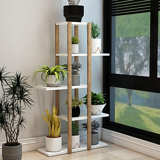 Lotus 5 Katlı Ahşap Dekoratif Raf / Çok Amaçlı Kullanım (Beyaz)