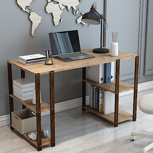 Vera Çalışma Masası / Kitaplıklı Ders, Bilgisayar Masası / Çift Yönlü Kullanım ( Kahverengi )