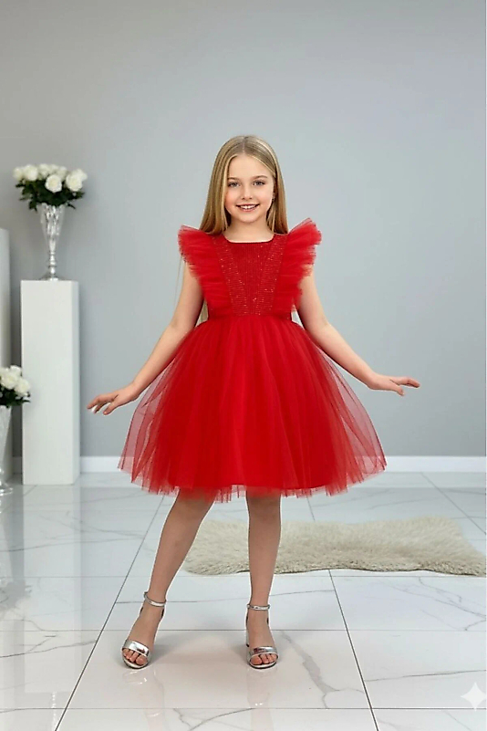 Kırmızı Simli Tüllü Çocuk Abiye