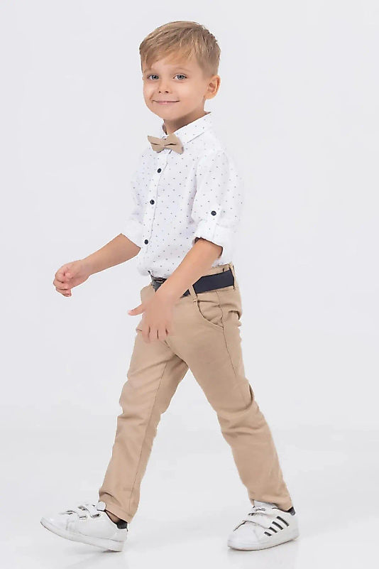Papyonlu Kemerli Bej Erkek Çocuk Kombin Takım