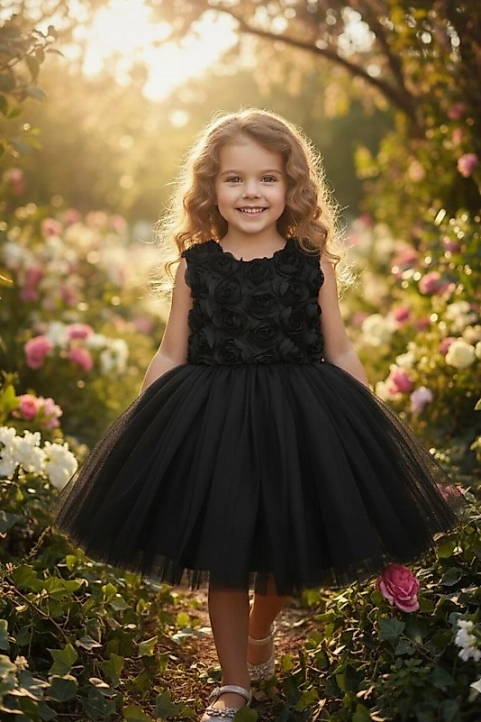 3D Gül Kabartmalı Tüllü Siyah Çocuk Abiye 2/12 yaş arası abiye