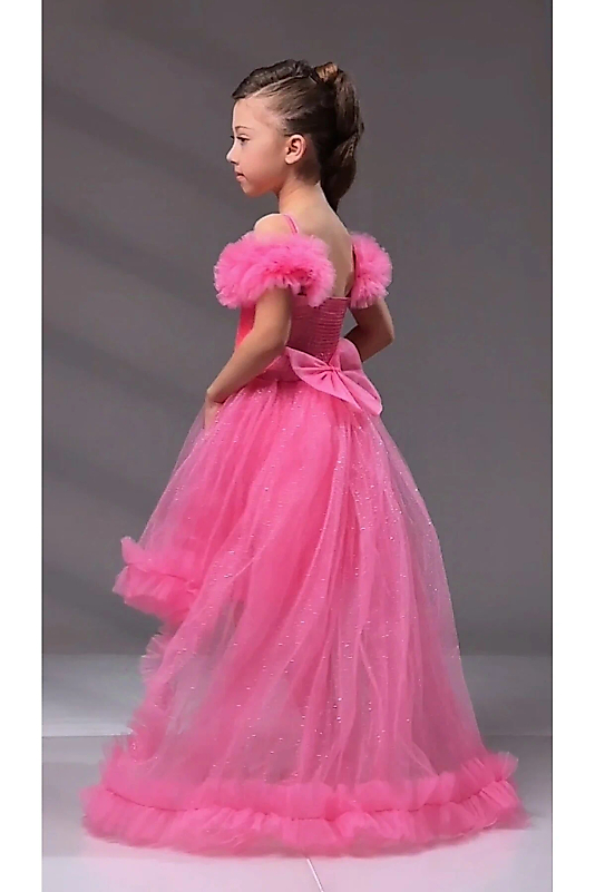 Pembe Renk Payetli Simli Kuyruklu Tarz Düğün Parti Çocuk Abiye Elbisesi