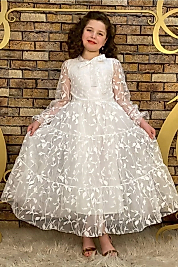 Dantelli Yaprak Desenli Tam Boy Beyaz Çocuk Abiye