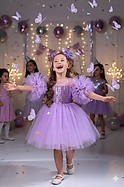 Kol Detaylı Ponponlu Tokalı Lila Renk Çocuk Abiye