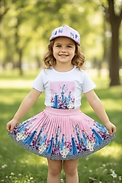 Elsa Pembe Şapkalı Etekli Bayramlık Çocuk Takım