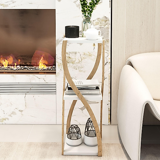 Bukle Beyaz 3 Katlı Ahşap Sehpa / Dekoratif Raf & Çok Amaçlı Kullanım