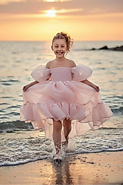 Kloş Madonna Yaka Kabarık Şifon Lüx Pudra Çocuk Abiye