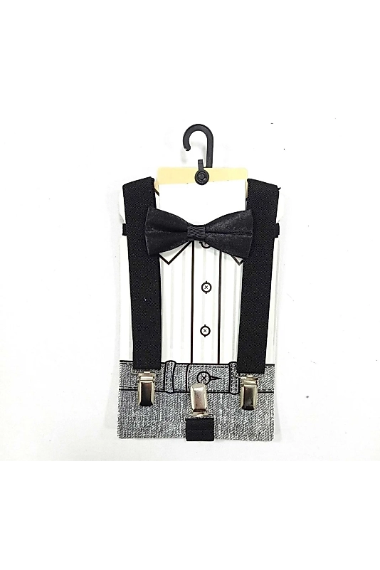 Çocuk Siyah Papyon Pantalon Askı Seti