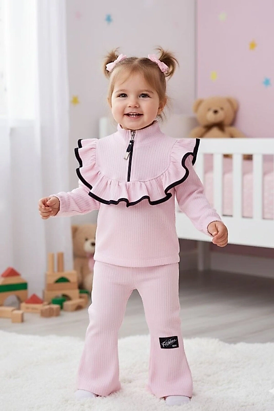 İspanyol Paça Yaka Detaylı Anaokulu Okul öncesi Kreşlik Tozpembe Çocuk Takım