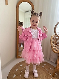 Pembe Renk Kot Ceketli Nakış İşlemeli Mor Etekli Üçlü Kombin