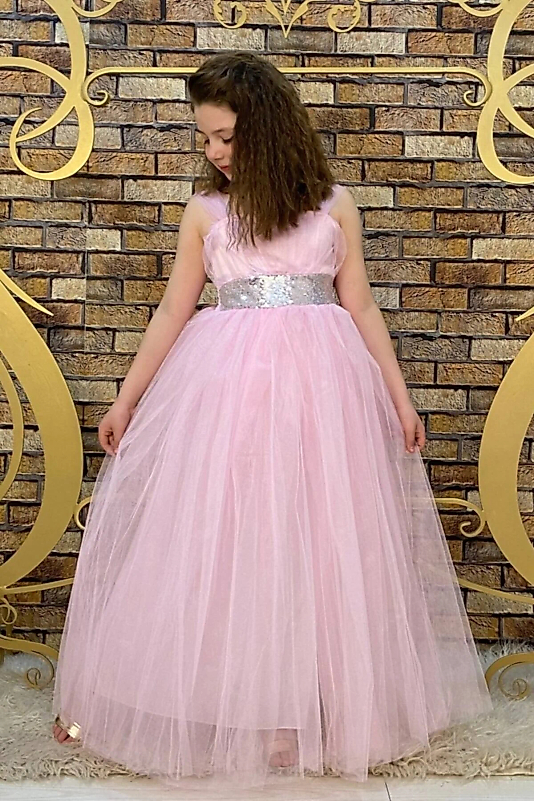 Tozpembe Beli Pul Detaylı Tam Boy Çocuk Abiye Gösteri ve Parti Elbisesi