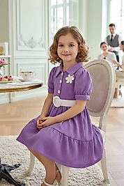 Kemerli Bürümcük Kumaş Bayramlık Lila renk Çocuk Elbise