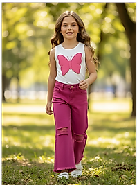 Kız Çocuk Pembe Renk Kelebek Aplikeli Askılı Bluz ve İspanyol Paça Pantolon Takımı