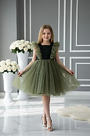 Haki Renk Simli Tüllü Çocuk Abiye