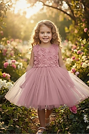3D Gül Kabartmalı Tüllü Pudra Çocuk Abiye 2/12 yaş arası abiye