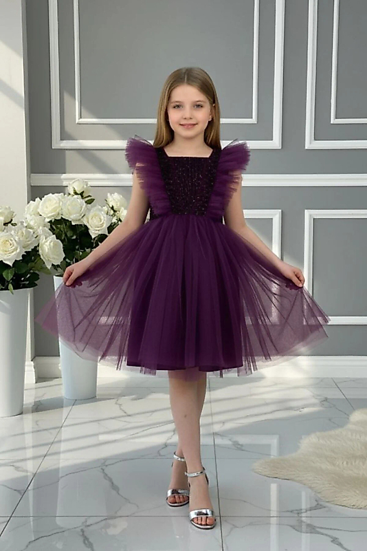 Bordo Simli Tüllü Çocuk Abiye