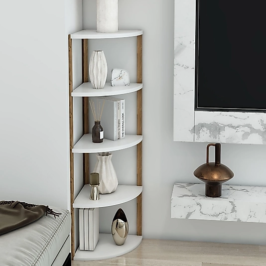 Zümrüt Üçgen 5 Raflı Ahşap Sehpa / Dekoratif Raf / Çok Amaçlı Kullanım ( Beyaz )