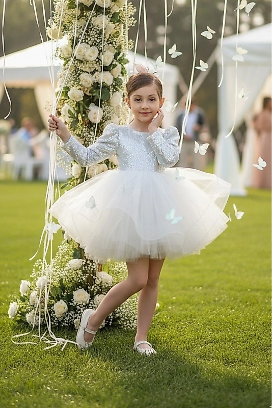 Beyaz Balon Omuz Kollu Payetli Balo Gösteri Kıyafeti 23 Nisan Çocuk Abiyesi