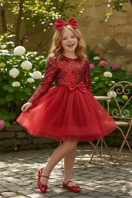 Kadife Payetli Uzun Kollu Kabarık Kırmızı Çocuk Abiye 2/12 yaş arası Abiye