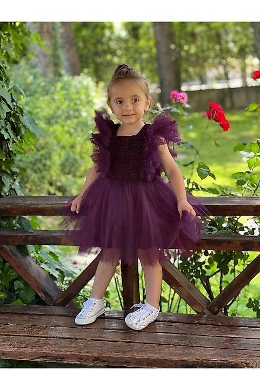Bordo Simli Tüllü Çocuk Abiye