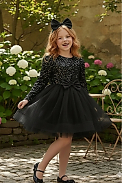 Kadife Payetli Uzun Kollu Kabarık Siyah Çocuk Abiye 2/12 yaş arası abiye