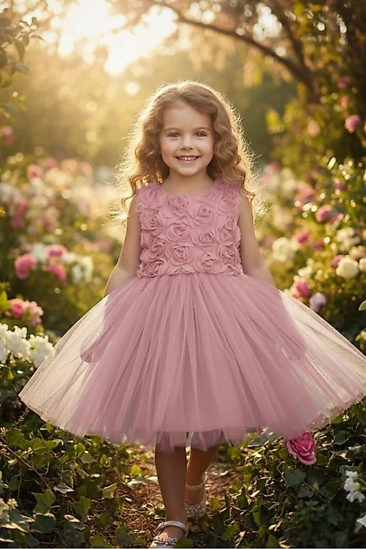 3D Gül Kabartmalı Tüllü Pudra Çocuk Abiye 2/12 yaş arası abiye