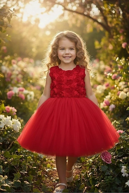 3D Gül Kabartmalı Tüllü Kırmızı Çocuk Abiye 2/12 yaş arası abiye