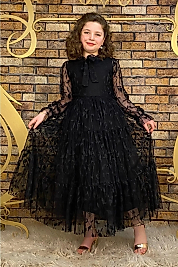 Dantelli Yaprak Desenli Tam Boy Siyah Çocuk Abiye