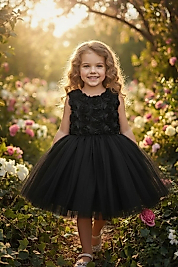 3D Gül Kabartmalı Tüllü Siyah Çocuk Abiye 2/12 yaş arası abiye