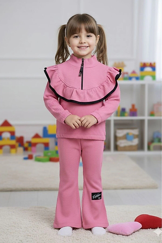 İspanyol Paça Yaka Detaylı Anaokulu Okul öncesi Kreşlik Pembe Çocuk Takım