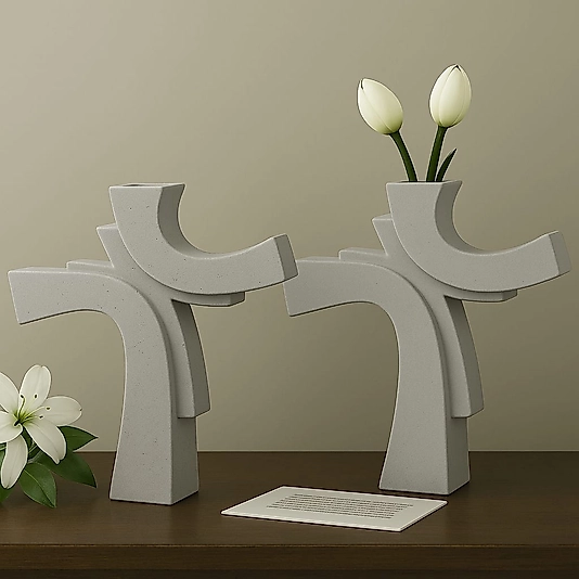 Asimetrik Form Beton Vazo – Minimal & Sanatsal Dekor Gri 2 Li