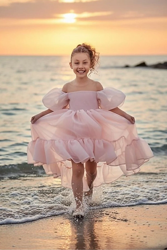 Kloş Madonna Yaka Kabarık Şifon Lüx Pudra Çocuk Abiye