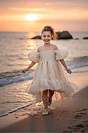 Kloş Madonna Yaka Kabarık Şifon Lüx Bej Çocuk Abiye