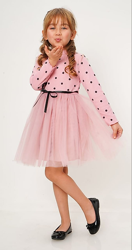 Minik Puanlı Tüllü Pembe Çocuk Elbise