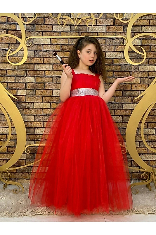 Kırmızı Beli Pul Detaylı Tam Boy Çocuk Abiye Gösteri ve Parti Elbisesi