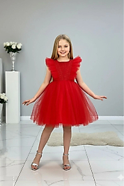 Kırmızı Simli Tüllü Çocuk Abiye