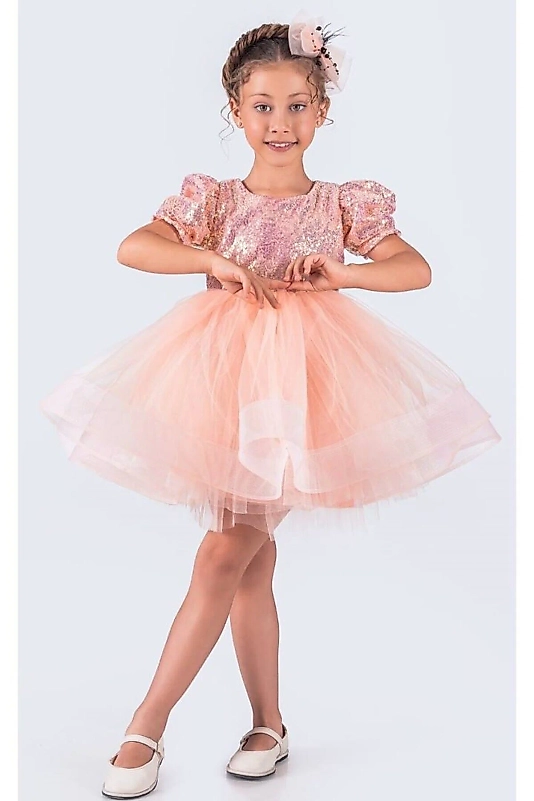 Pudra Payetli Kısa Kollu Balo Gösteri Kıyafeti 23 Nisan Çocuk Abiyesi