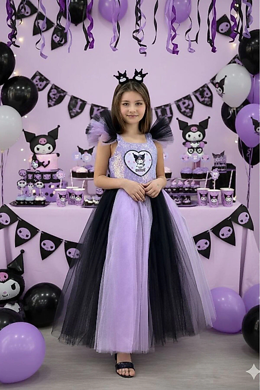 Kuromi Kostümü Kız Çocuk Abiye Elbisesi Kuromi Doğum Günü Parti Elbisesi