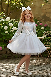 Kadife Payetli Uzun Kollu Kabarık Beyaz Çocuk Abiye 2/12 yaş arası abiye