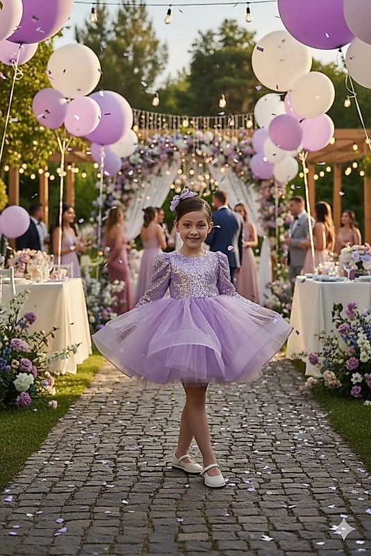 Lila Balon Omuz Kollu Payetli Balo Gösteri Kıyafeti 23 Nisan Çocuk Abiyesi