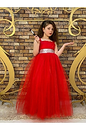 Kırmızı Beli Pul Detaylı Tam Boy Çocuk Abiye Gösteri ve Parti Elbisesi