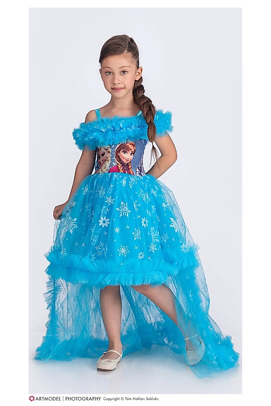 Elsa Mavi Renk Simli Kuyruklu Tarz Parti Elbise Çocuk Abiye Elbisesi