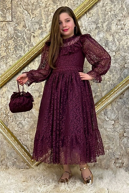 Mürdüm Çantalı Dantelli Tarz Çocuk Abiye