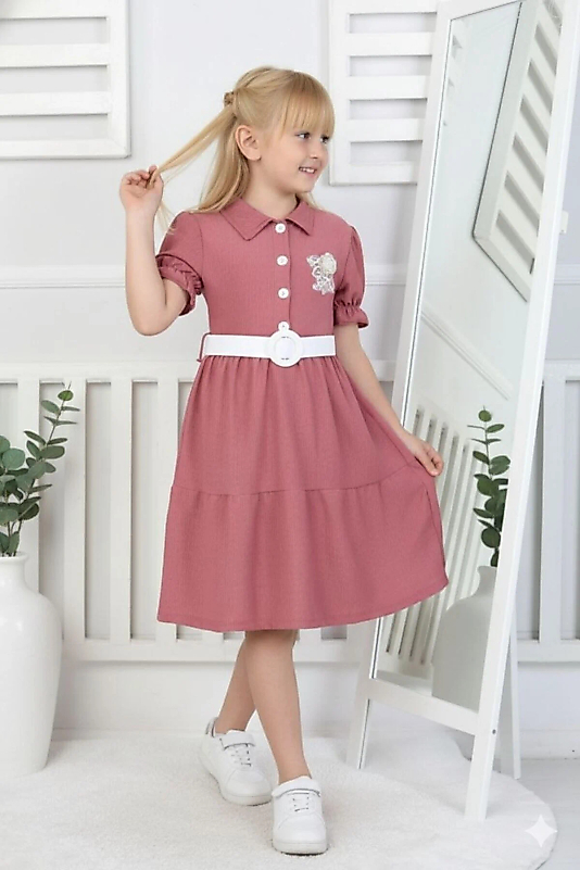 Kemerli Bürümcük Kumaş Bayramlık Çocuk Elbise