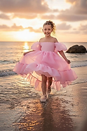 Kloş Madonna Yaka Kabarık Şifon Lüx Beyaz Çocuk Abiye