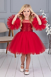 Kol Detaylı Ponponlu Tokalı Kırmızı Renk Çocuk Abiye