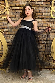 Siyah Beli Pul Detaylı Tam Boy Çocuk Abiye Gösteri ve Parti Elbisesi