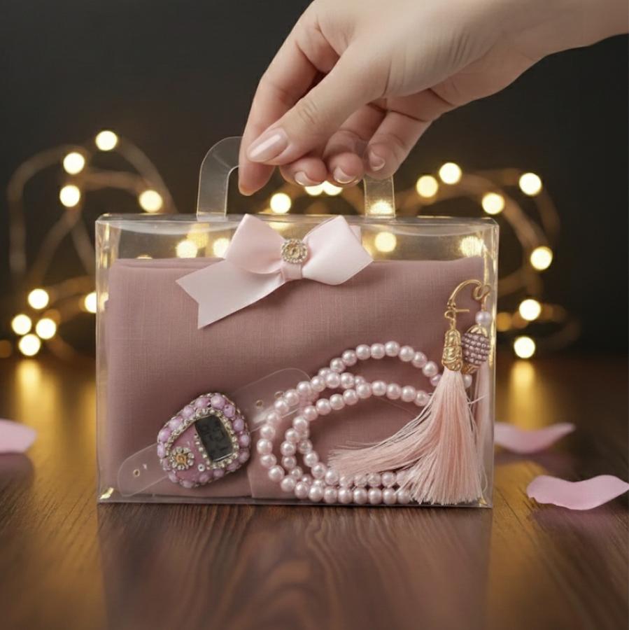 Hediye kutusunda başörtü yazma taşlı zikir ve inci Tesbih hediyelik