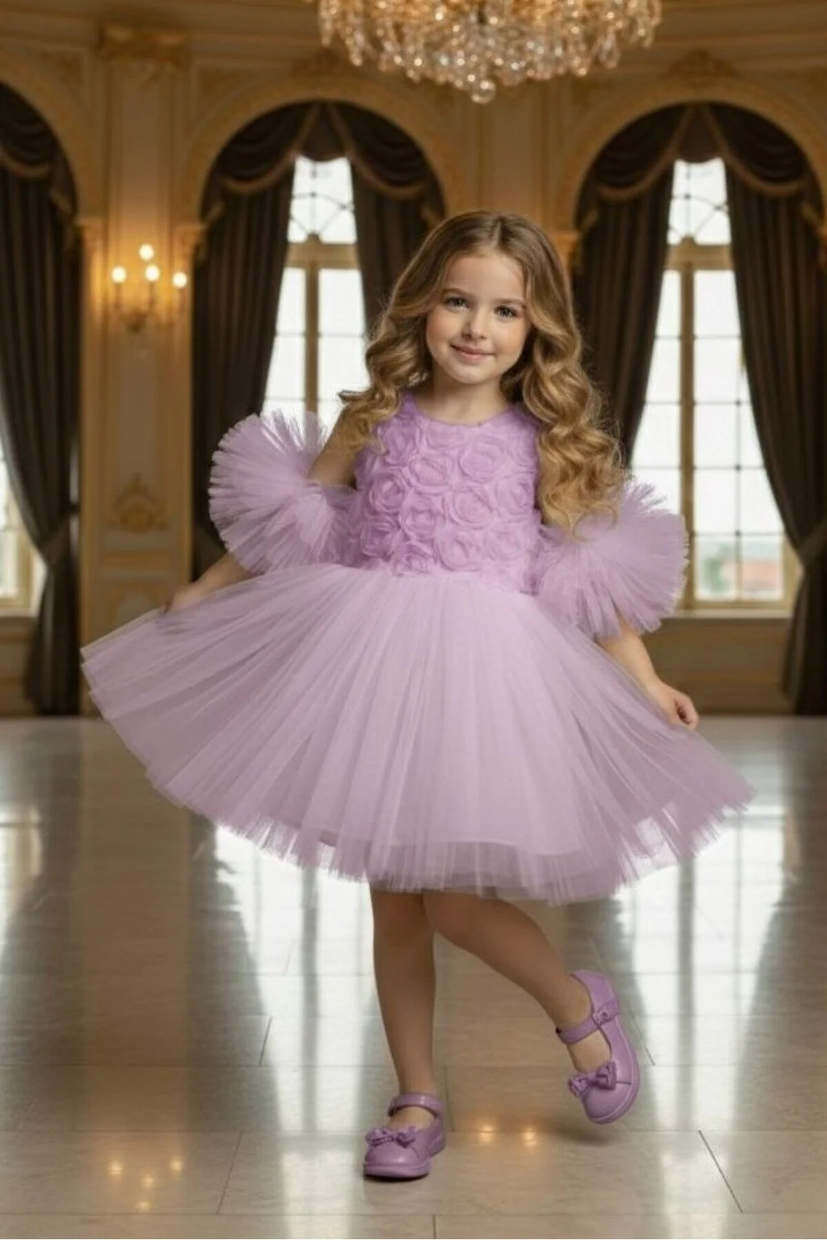 Ponponlu Kollu Gül Kabartmalı Çocuk Abiye Elbise