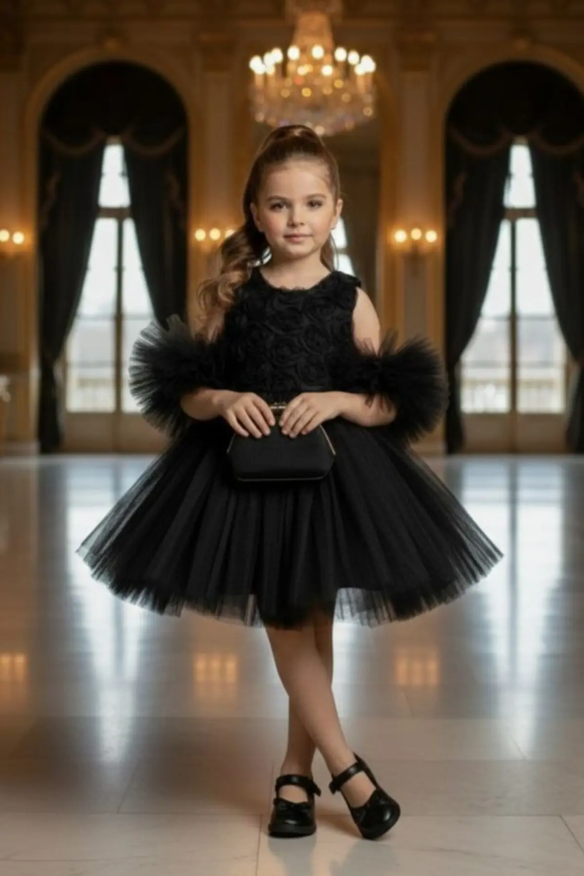 Ponponlu Kollu Gül Kabartmalı Çocuk Abiye Elbise